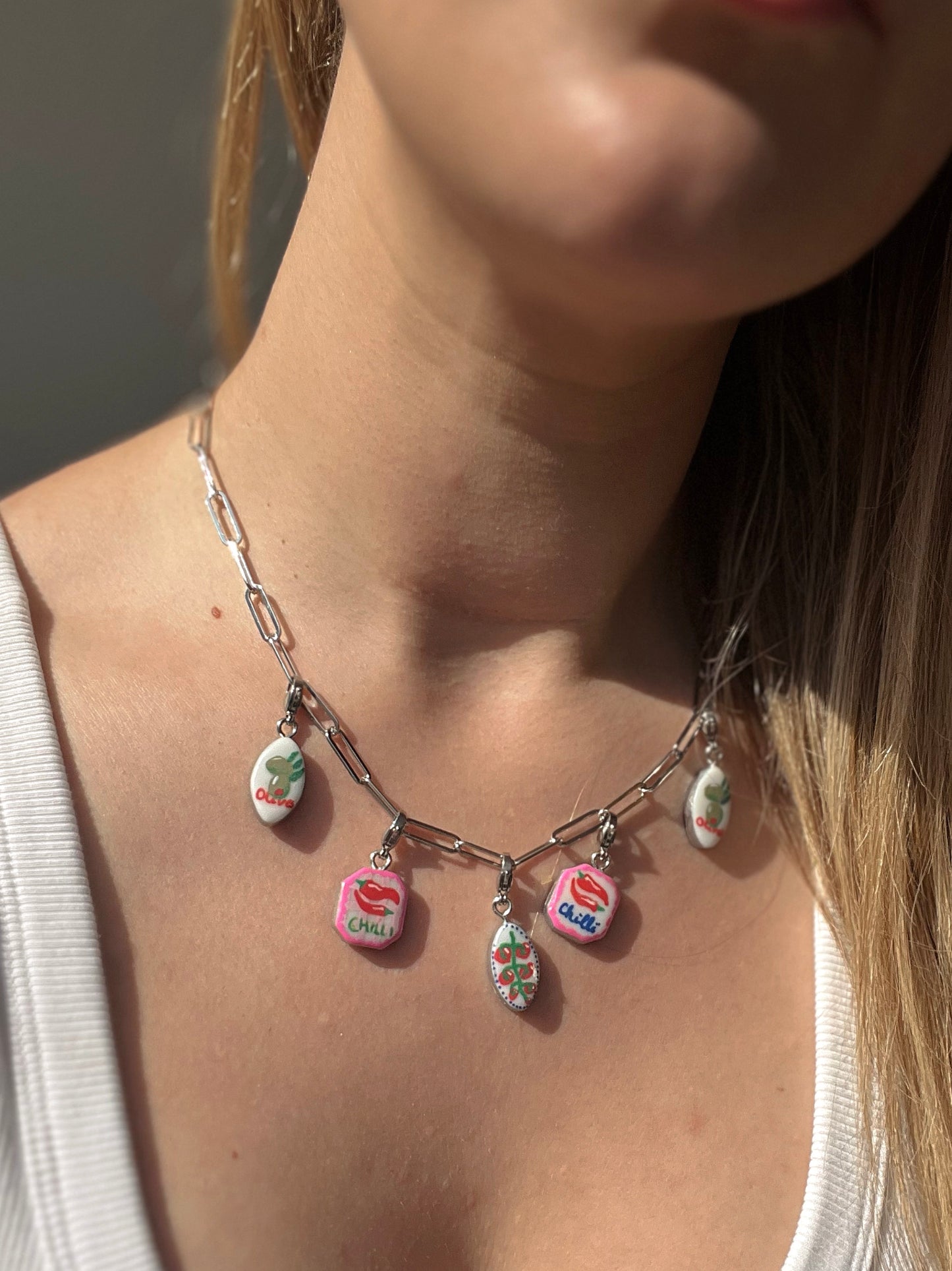 “Girl dinner chillies” 5 charm necklace - stainless steel