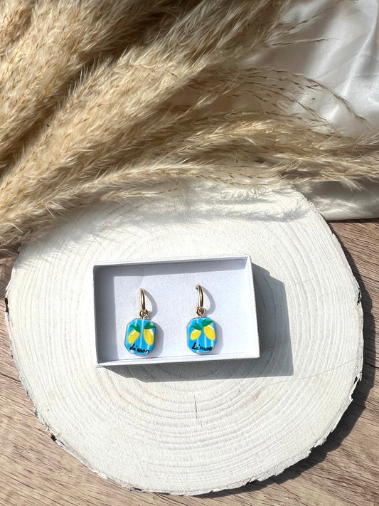 Lemon blue stripe charm earrings