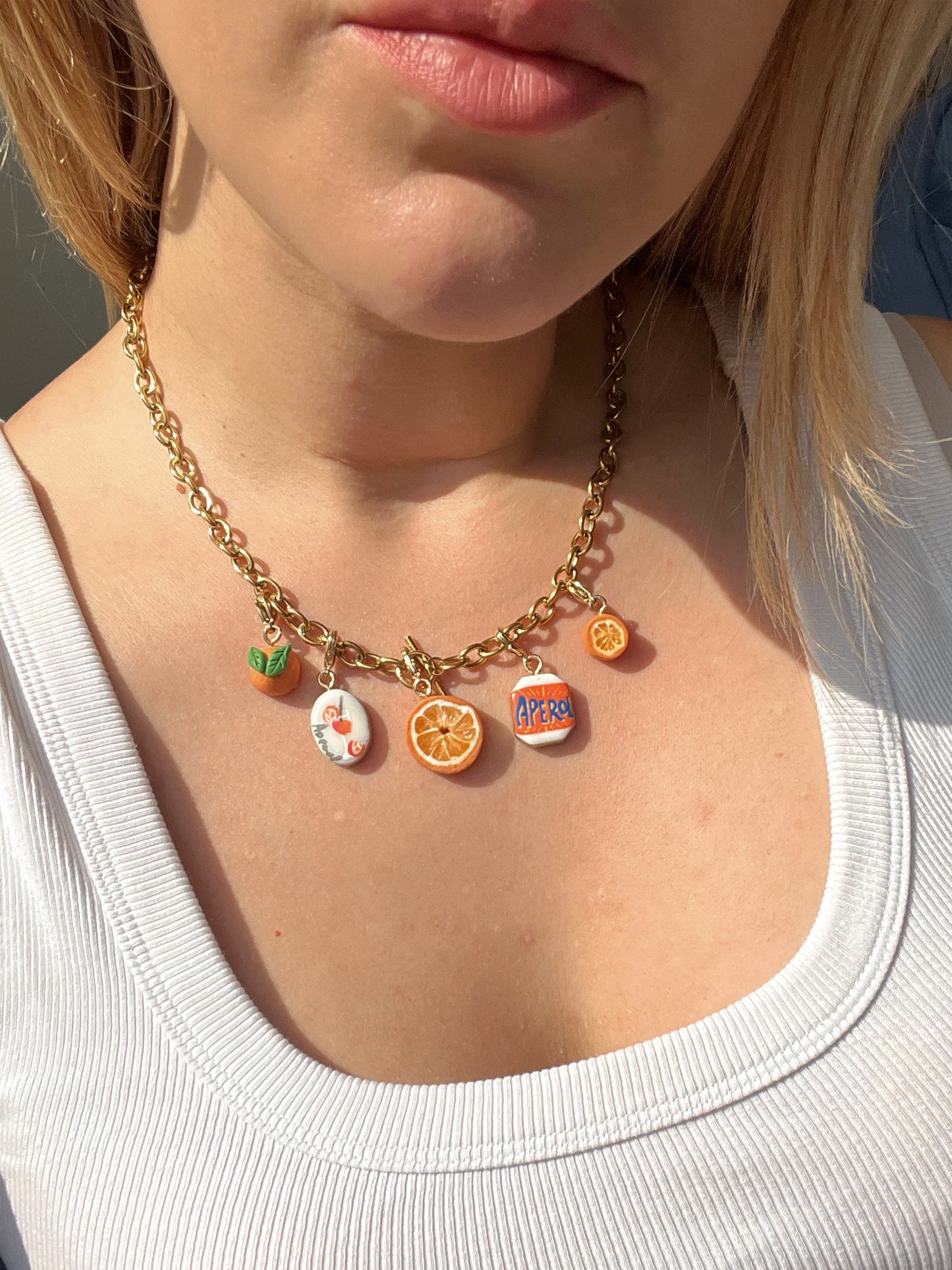 “Orange Apperitivo” charm necklace - 18k chunky T bar necklace