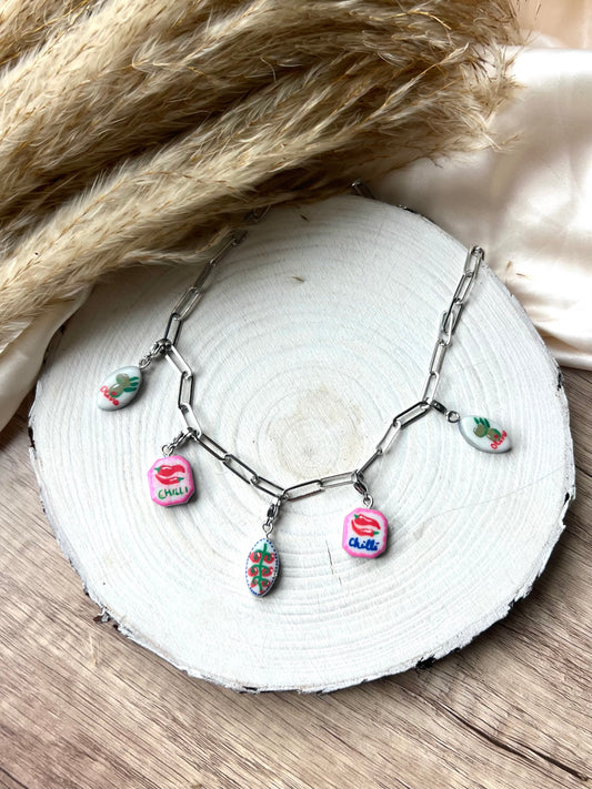 “Girl dinner chillies” 5 charm necklace - stainless steel