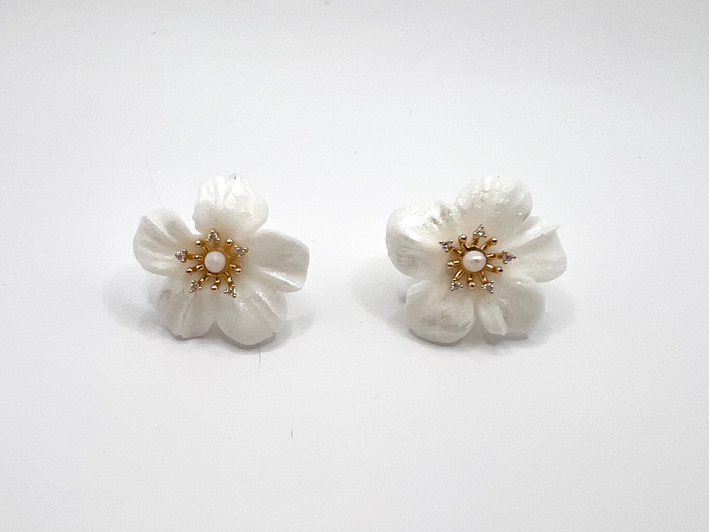 Dainty flower earrings with gold filament, CZ stones