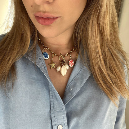 Seashells and handpainted charsm chunky gold plated necklace