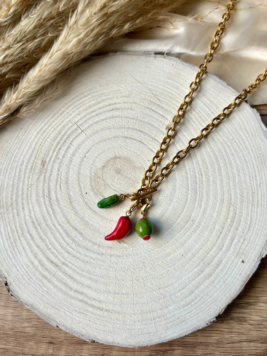 Chillies/Pickle/Olive trio - charm necklace