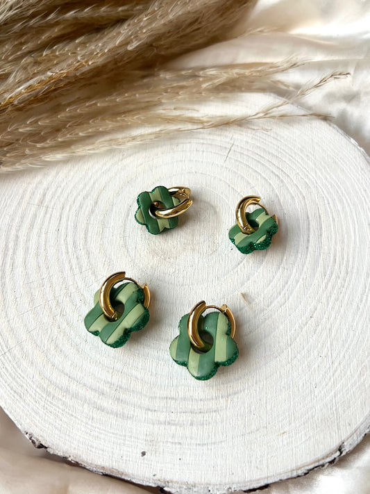 Green stripe flowers on chunky huggie hoop